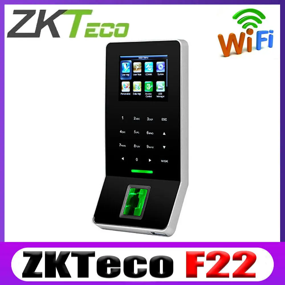ZKTeco-Terminal de Control de acceso con huella dactilar, dispositivo biométrico con WiFi, compatible con varios idiomas, Software gratuito ZKAccess3.5, F22