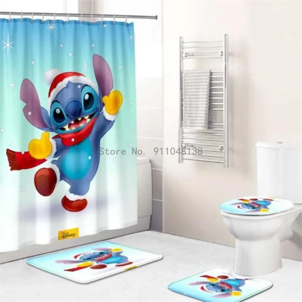 Disney Cartoon Lilo & Stitch Shower Curtain Floor Mat Non-Slip Waterproof Bathroom Set