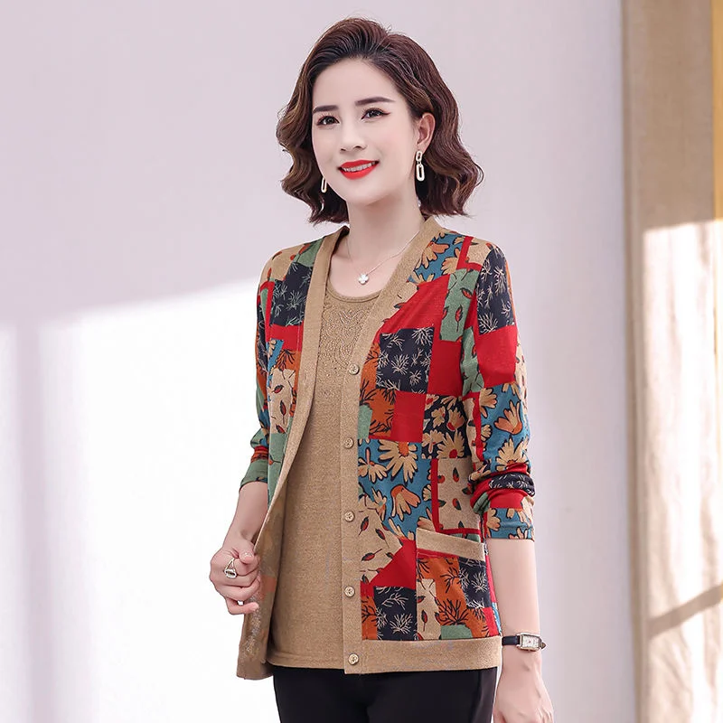 여성 프린트 긴팔 가디건 투피스 세트, 중년 티셔츠, 외국 베이스, 작은 셔츠, 상의, 봄, 가을, 신상