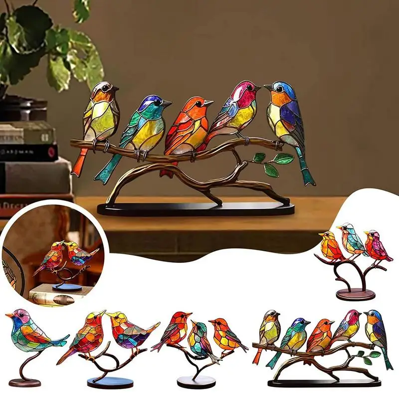 

Stained Birds On Branch Desktop Ornament Tabletop Bird Figurine Decoration Colorful Metal Bird Art Craft Home Offices Decoration