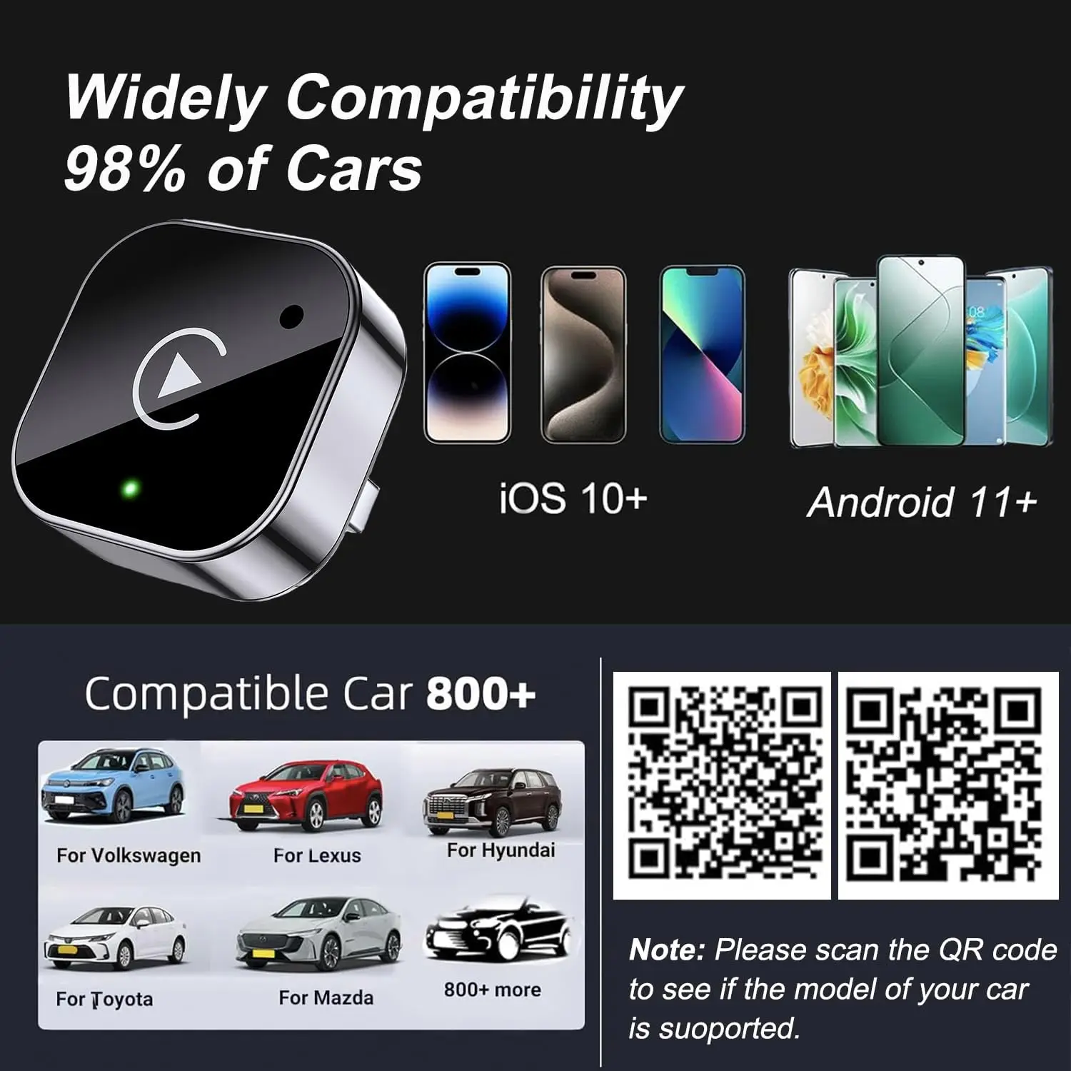 Adaptador inalámbrico CarPlay y Android Auto 2026 Actualización: cableado a inalámbrico para automóviles con Apple CarPlay/Android Auto incorporado, Mini 6