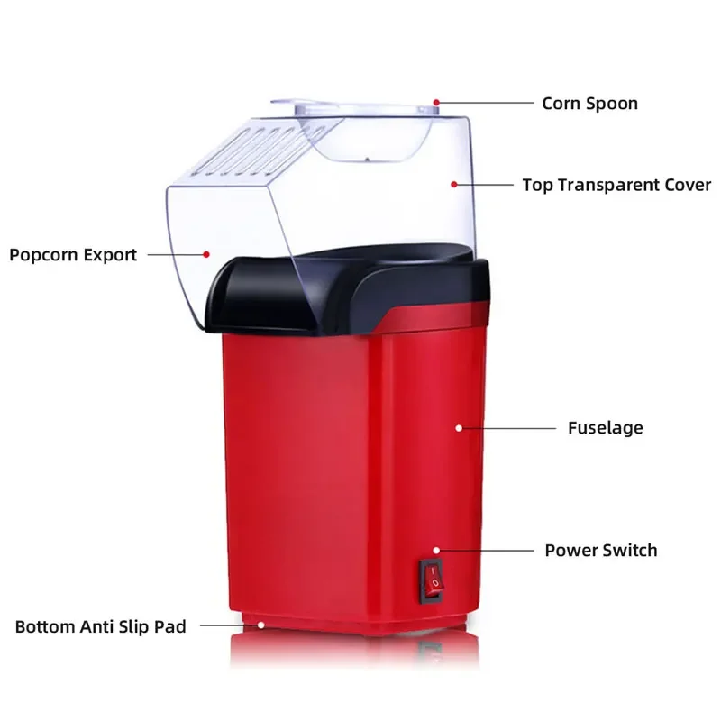 1200W Mini Hot Air Popcorn Maker Household Small Electric Popcorn Machine with Simple Operation, Transparent Cover