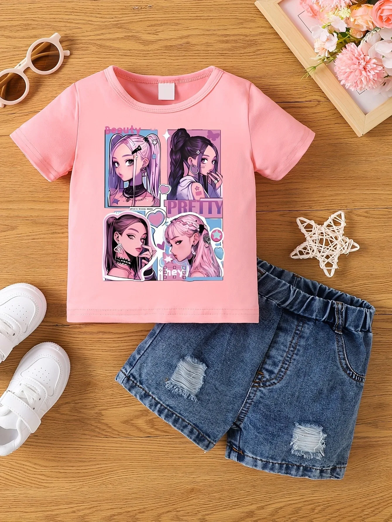 Aby Boys and Girls Summer Hot Painted Round Neck Short-sleeved Top Girls Just T-shirts. Shorts not included 12 S1e4ea6ea01544f168458e9bdb9d6de6dD