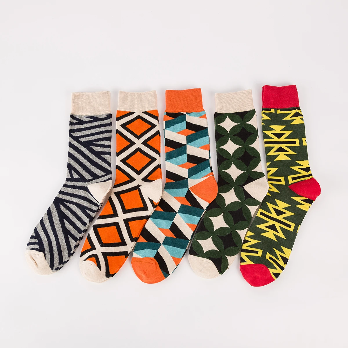 

5 Pairs New Trend Fashion Harajuku Women and Men Cotton Socks Street Skateboard Grid Tangram Happy Colorful Casual Funny Socks