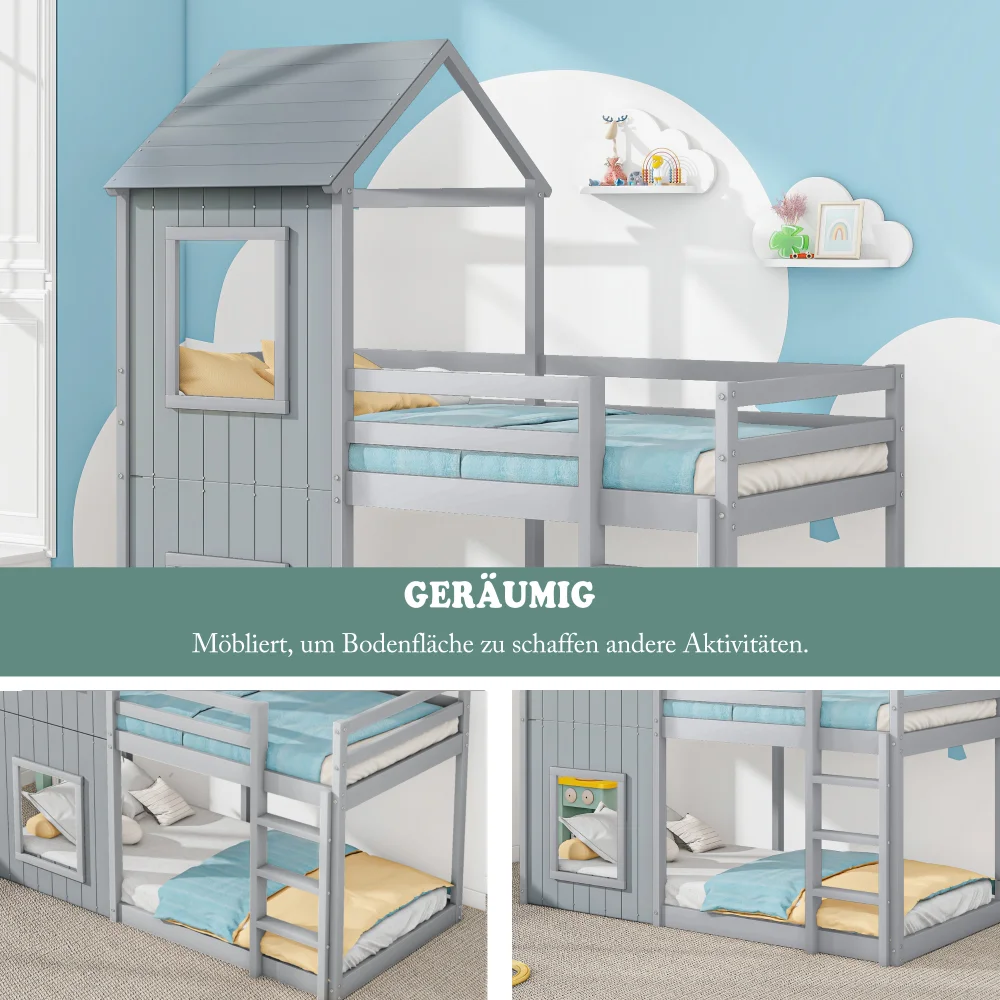 90*200cm Massivholz-Etagenbett mit Leiter & Baldachin Bodenfreundliches Kinder-Hausbett Robuste Schlafzimmermöbel Fotografie-Requisiten – Detail 15