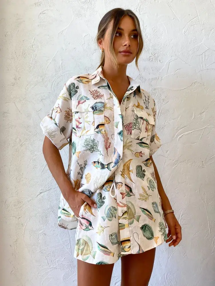 

Independent Station Fashion Personality Fish Printed Short Sleeve Vacation Style Casual Tether Suit