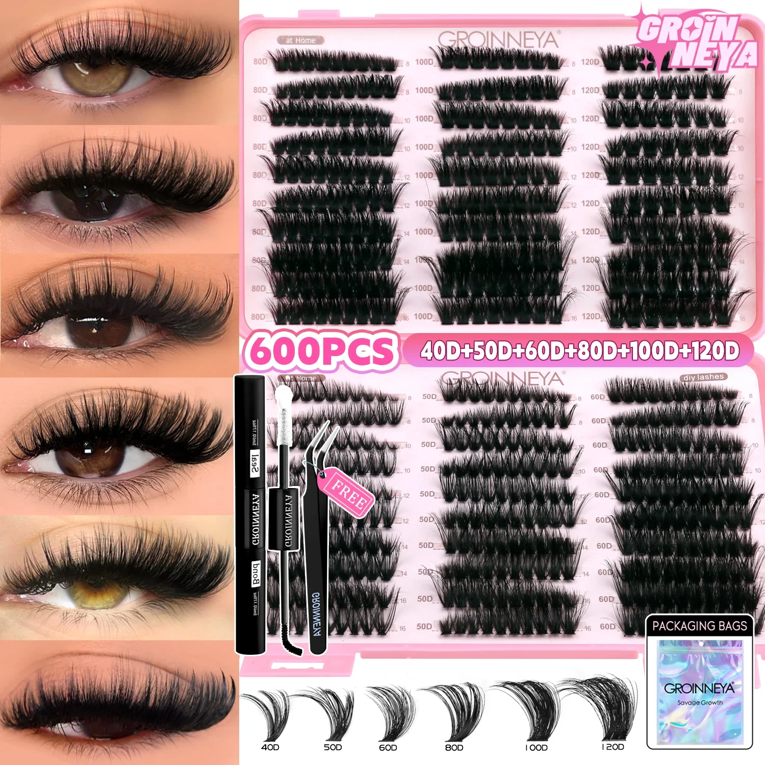 Lash Clusters Kit Cat Lashes Lash Bond & Seal Wispy Cluster Eyelash Clusters Kit DIY Eyelash Extensions at Home GROINNEYA