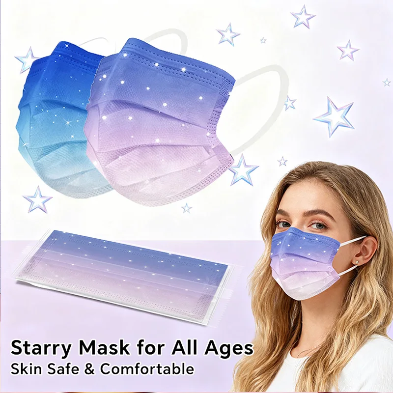 Masque facial jetable élégant pour adultes, masque de mode d'individuation violette bleuâtre étoilé de rêve, respirant, 3 couches, Non tissé, vacances