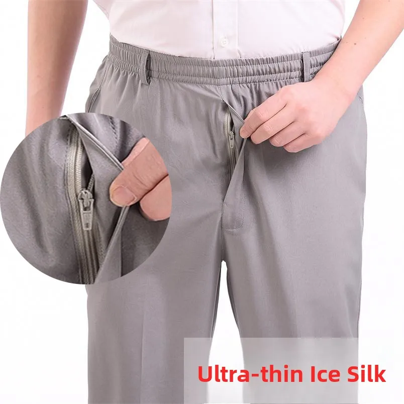 Ultra-Thin Ice Silk Elastic Waist Men's Casual Pants Qui-Drng Long Trousers for Middle-Aged And ly in Summer
