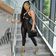 

Patchwork Jumpsuits Women Fashion Spring Summer Sexy Hollow Out Spaghetti Strap Sleeveless Black Jumpsuit Bodycon Tulle Playsuit