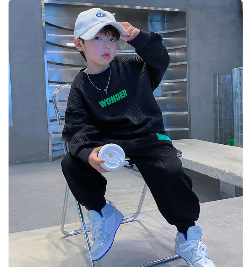 بدلة رياضية للأولاد مطبوعة بأحرف وأكمام طويلة، سراويل فضفاضة ناعمة ومريحة، مجموعة تمارين الجري الجديدة لربيع وخريف