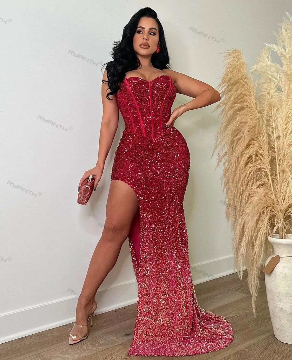 

Women Sequined Strapless Tunic High Side Split Bodycon Midi Maxi Dress 2023 Street Sexy Club Even Party Dresses Vestidos