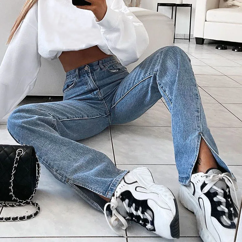 

Y2k Retro High Waist Jeans Women Casual Sexy Chic Fitting Split Feet Hem Trousers Fashion Solid Color Straight Pants Pantalones