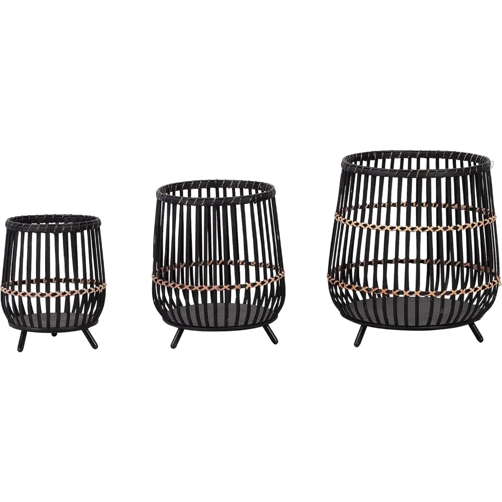 Set of 3 Black Bamboo & Metal Planters – 10", 14", 17" 6