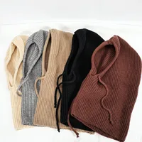 2024 Knitted Balaclava Hats Neck Ring Snood Ear Protection Beanies Men Women Hooded Caps Unisex Warm Drawstring 1Pcs Solid Color 1