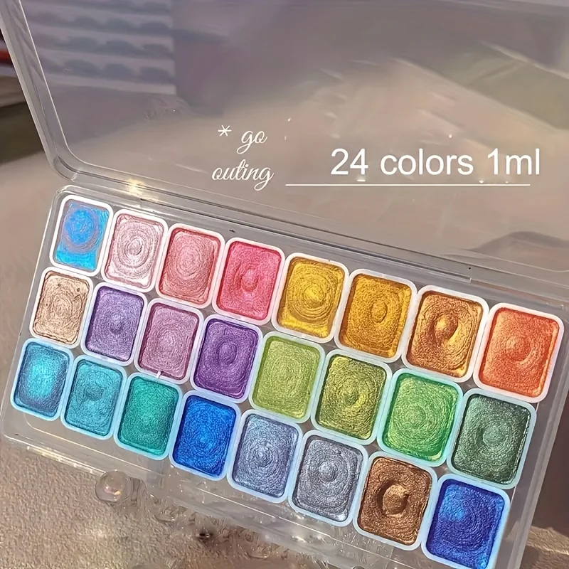 A Set of 24 Colors of Pearl Watercolor Paints-Solid Metallic Glitter Palette for Artists, Non-Toxic Japanese Gradient