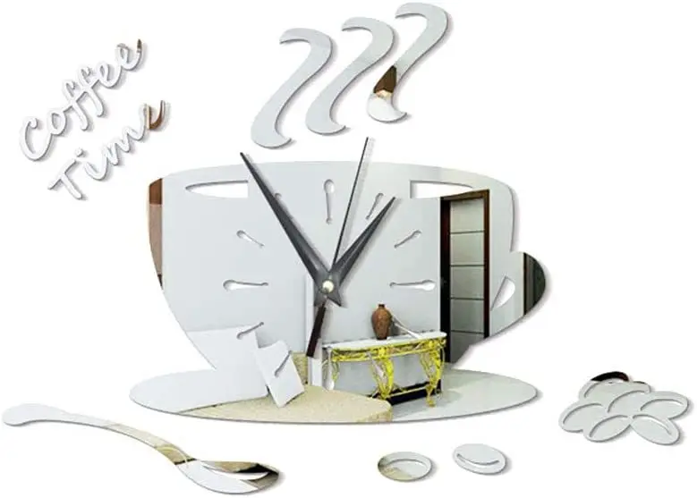 Coffee Cup Creative Silent Wall Clock, Kitchen, Living Room, Restaurant Decoration Clock, DIY Acrylic Mirror Watch