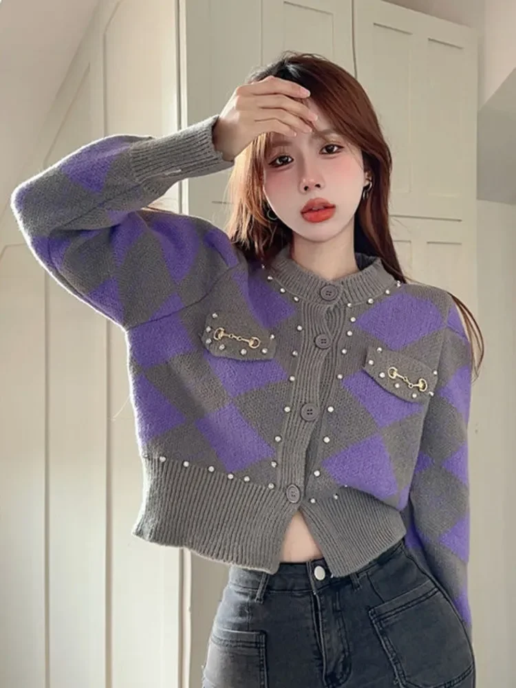 

Korean Fashion Casual Short Knitted Coat Top 2022 New Luxury Diamond Sweater Cardigan Women Winter Sueters De Mujer Pull Femme