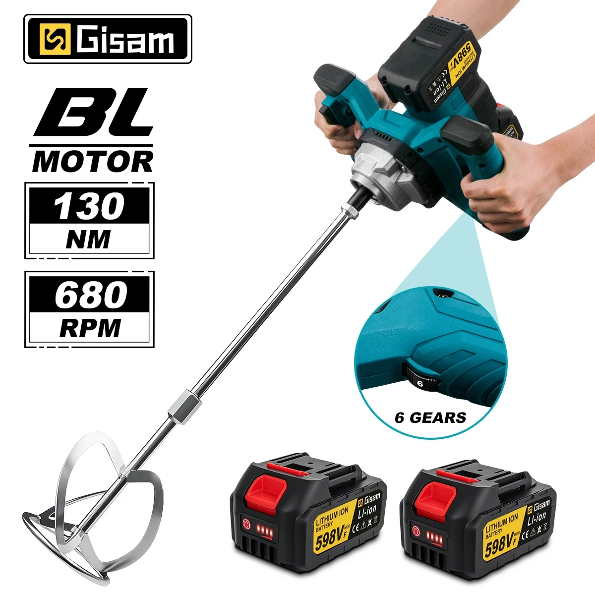 GISAM Brushless Electric Concrete Mixer 202216001, 6 speed cordless cement mortar plaster mixer blender, paint mixing tool compatible with Makita 18V battery pin