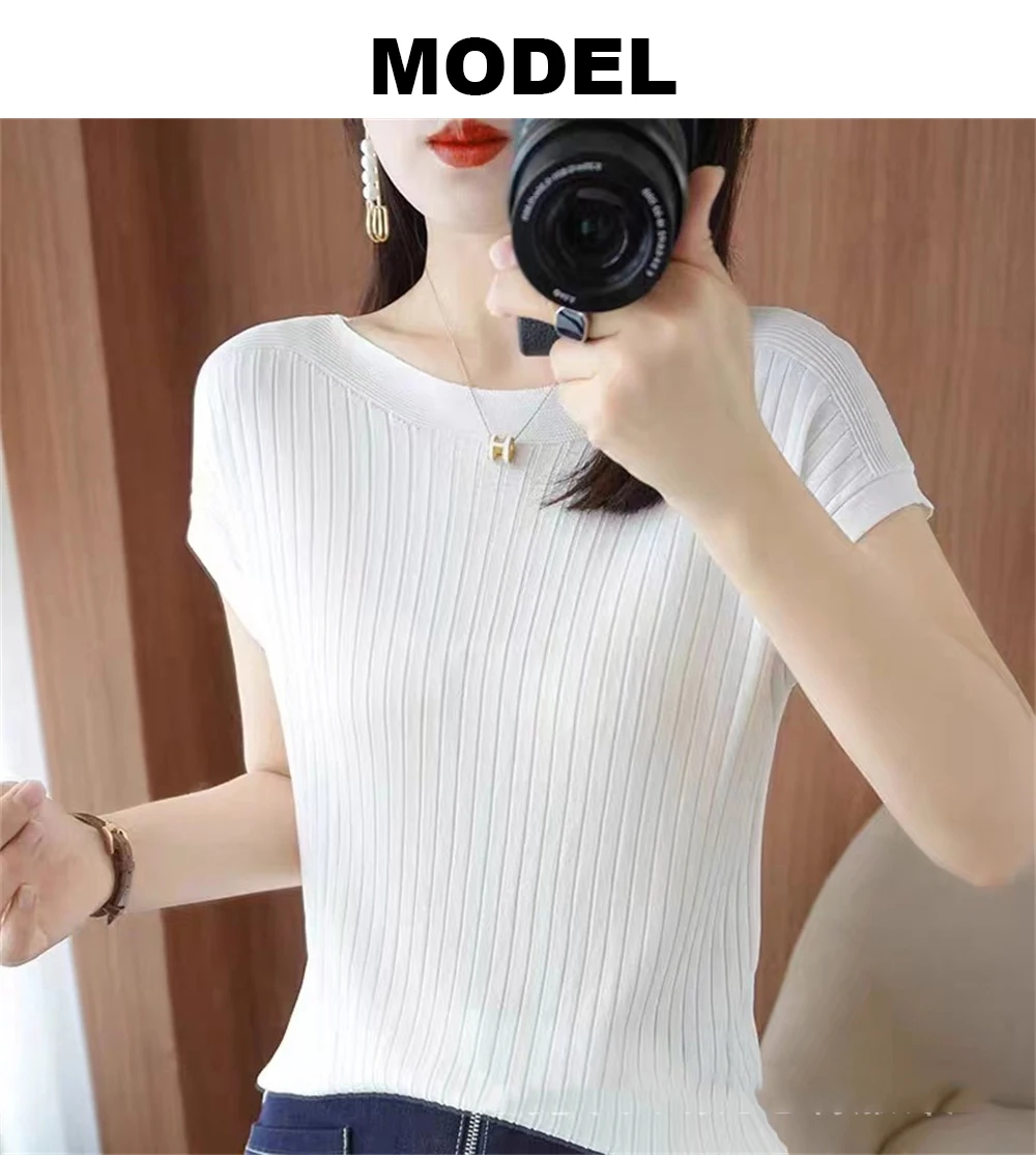 2024 New One Word Neck Ice Silk Knitted Short Sleeve Women's Summer Thin Wear Versatile T-shirt Top Loose Half Sleeve