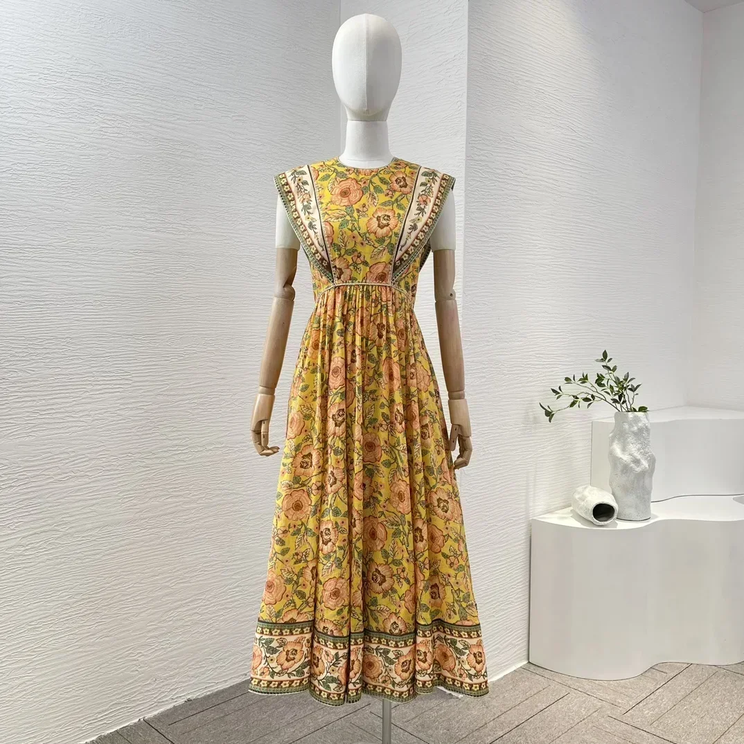 

New Collection High Quality Ramie Yellow Floral Print Sleeveless Pleated Women Midi Dress for Summer