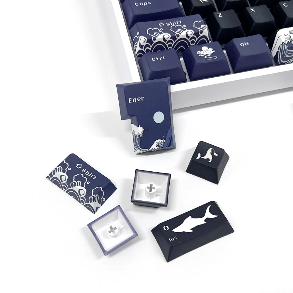 Chaves Coral Mar Keycaps Preto Inglês Cereja Perfil Pbt Tintura Sublimação Teclado Mecânico para mx Switch 1.75u Shift 129 - Imagem 2