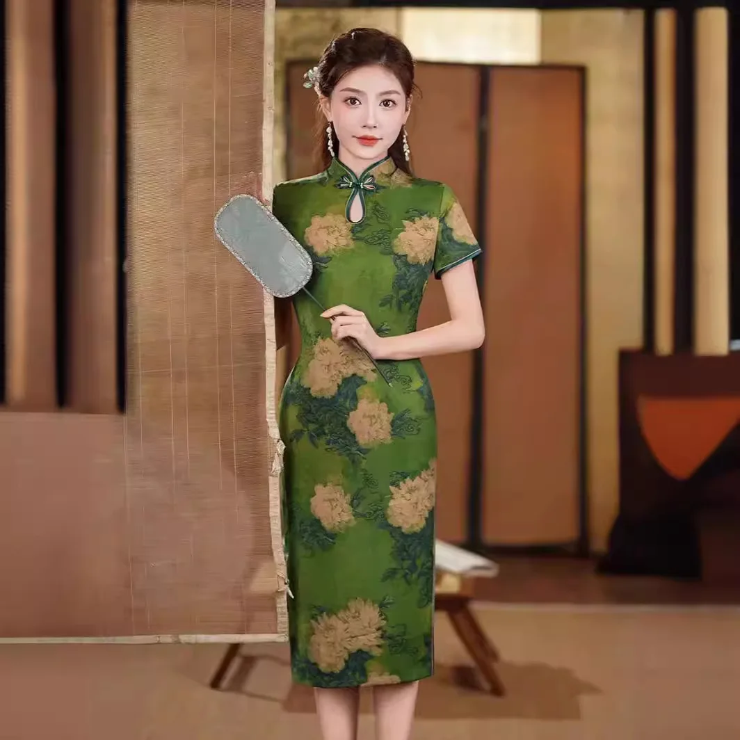 

Традиционное китайское платье чонсам, женское винтажное атласное платье-Ципао до колена в стиле ретро для свадьбы, с цветочным принтом журавлей