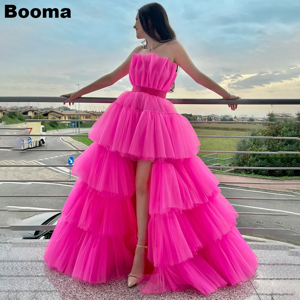 

Booma Red High Low Prom Dresses Strapless Pleat Tiered Tulle Evening Dresses Homecoming Graduation Party Dress Abendkleider