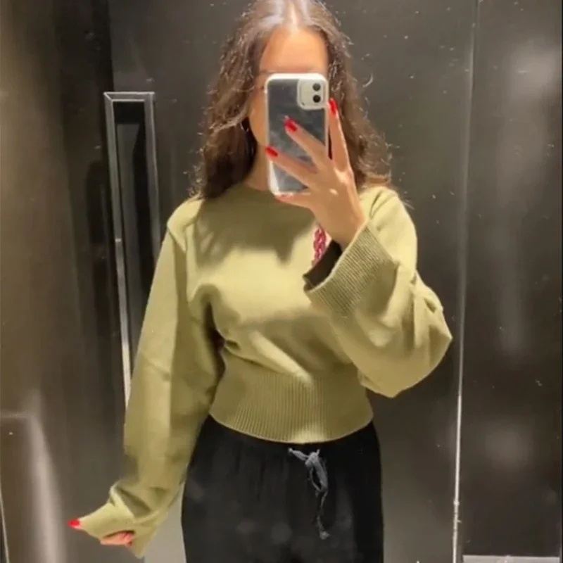 Vintage Solid O-Neck Cropped Sweater Pullover For Women Casual Long Sleeved Loose Jumper Female 2025 Spring Lady High Streetwear