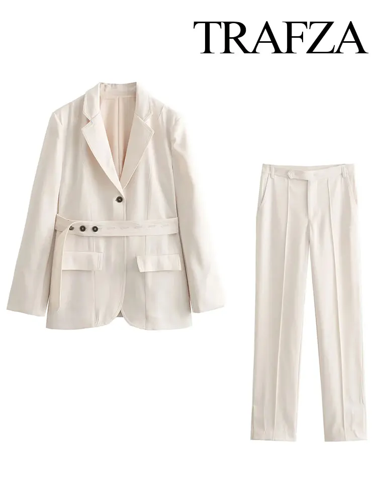 

TRAFZA Autumn Suits For Women Fashion Lapel Single Button Blazers + Sheath Zipper Fly Commute Office Lady Women's Straight Pants