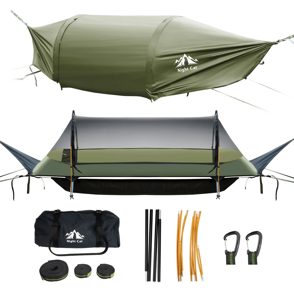 Night Cat Lay Flat Hammock: Flat Bottom with Mosquito Net Waterproof Rainfly for 1 Person Camping Hiking in Garden Backyard Wild