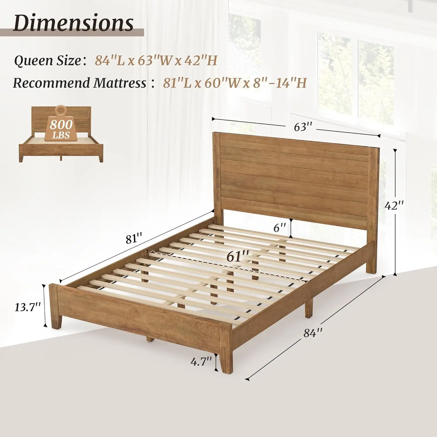 Queen Size, Acacia Wood Platform with Headboard, No Box Spring Needed, 800lb Capacity, Non-Slip Without Noise, Easy Assembly