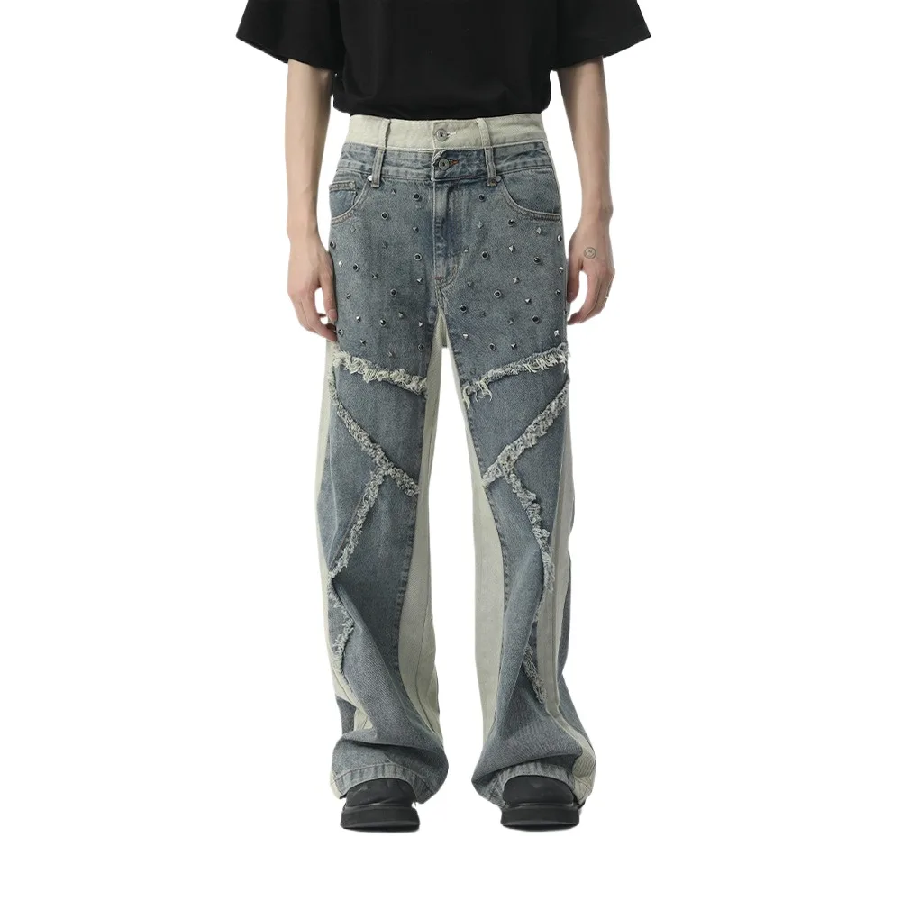

Men's Fashion Hip Hop Jeans Pants With Rivet High Street Flare Denim Trousers Loose Fit Y2K Cowboy Bottoms Patchwork
