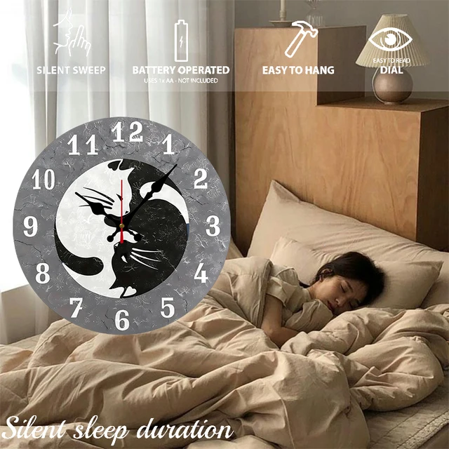 Yin Yang Cat Wooden Round Silent Hanging Wall Clock 4