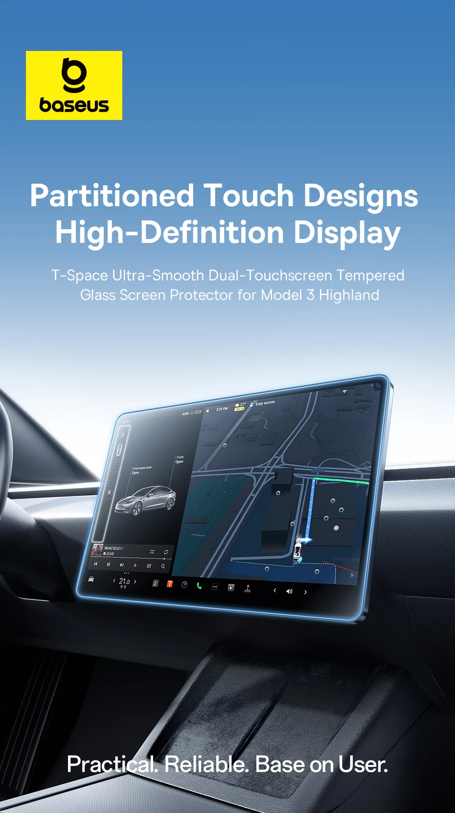 T-Space Tempered Glass Screen Protector for Tesla Model 3 Ultra-Smooth Dual-Touc
