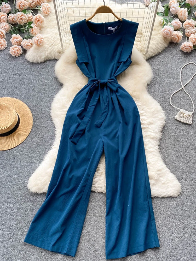 

YuooMuoo 2022 Summer Casual Sleeveless Jumpsuits Women Brief Solid Lace-up Long Playsuits Female Rompers