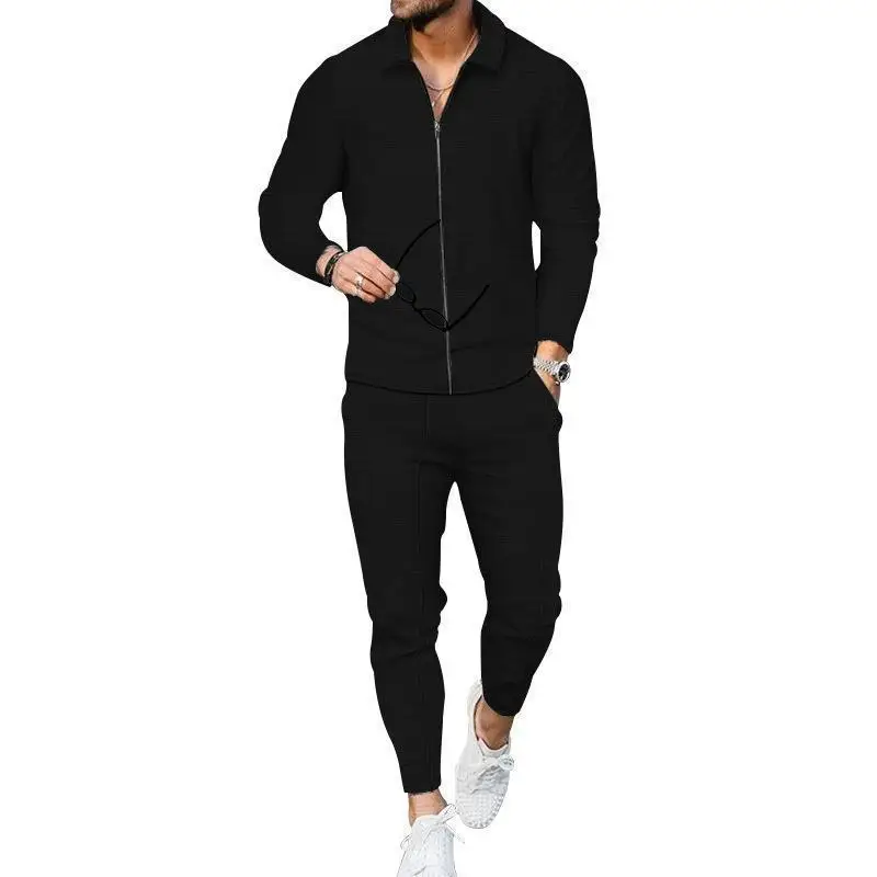 Waffle Casual Long Sleeved Pants Two-piece Men's Set