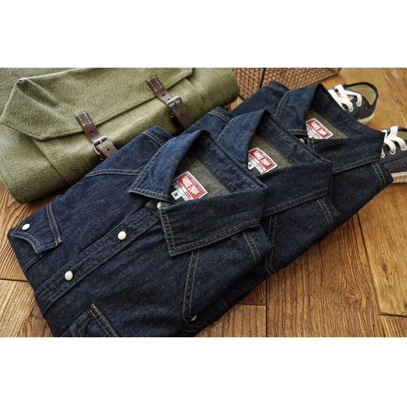 Sauce Zhan Mans Shirt Jeans Shirt Vintage Cotton and Linen Western Cowboy Long Sleeve Denim Double Pockets
