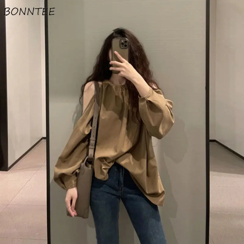 

Women Blouses Khaki Off Shoulder Baggy Designer Minimalist Tops Blusas De Mujer Ladies French Fashion Sun Proof Temper Aesthetic