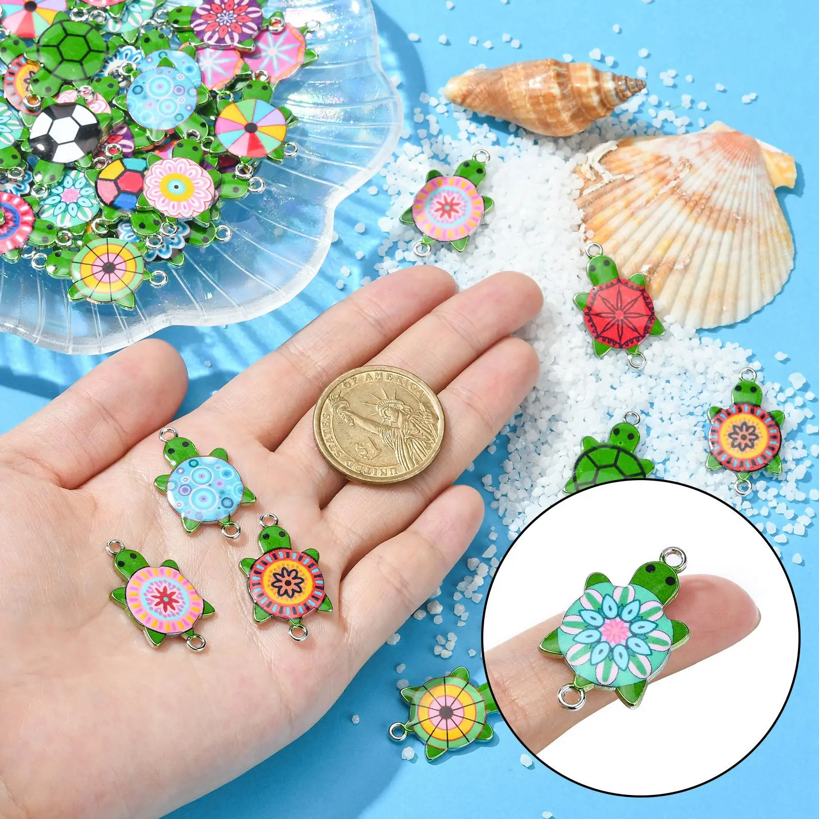 Pandahall 60Pcs Random Color Enamel Sea Turtle Link Double Hole Charms Ocean Animal Tortoise Charms for Craft Jewelry Making DIY