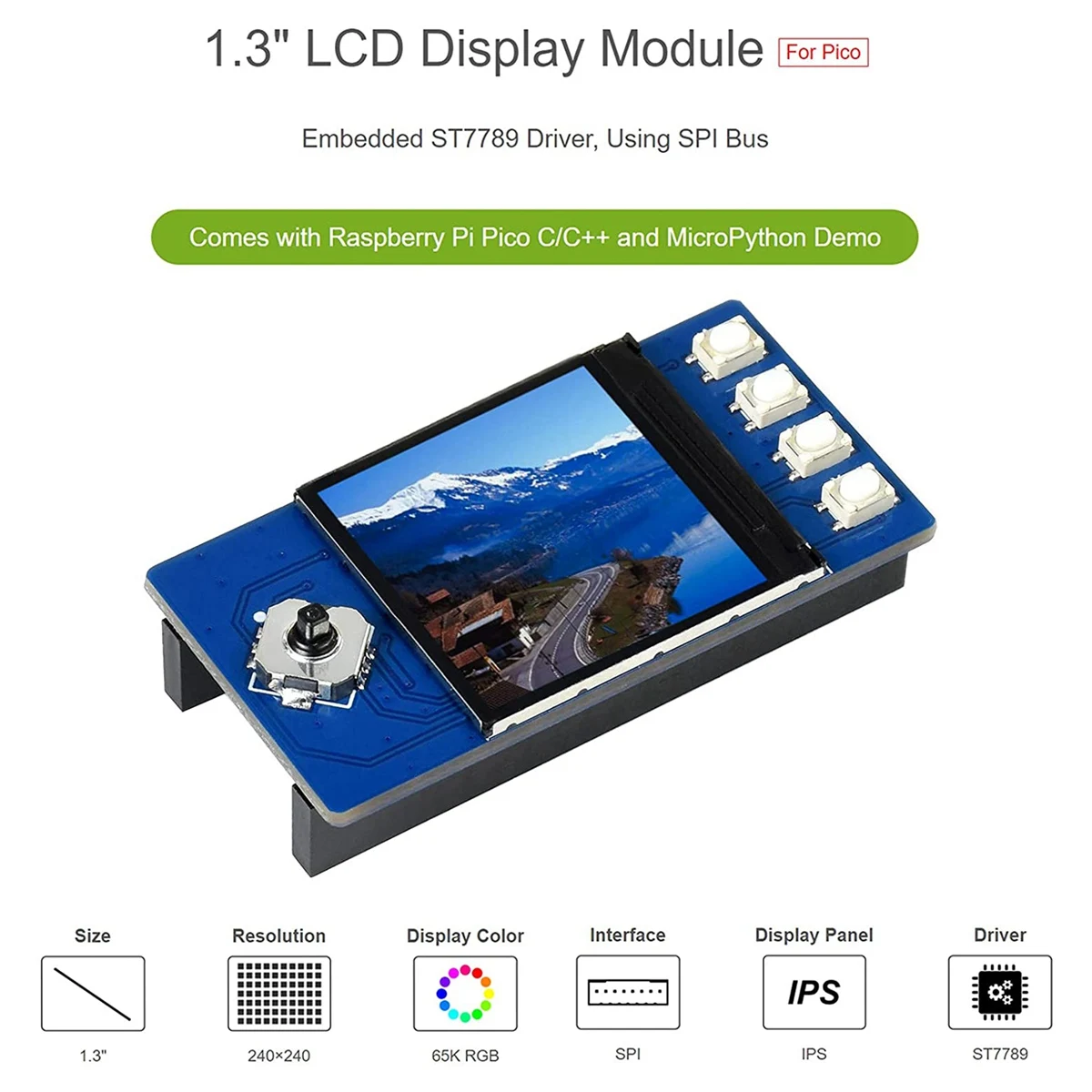 Waveshare 1.3 Inch LCD Display for Raspberry Pi Pico, IPS Screen Display Module, 65K RGB Colors, 240X240 Pixels