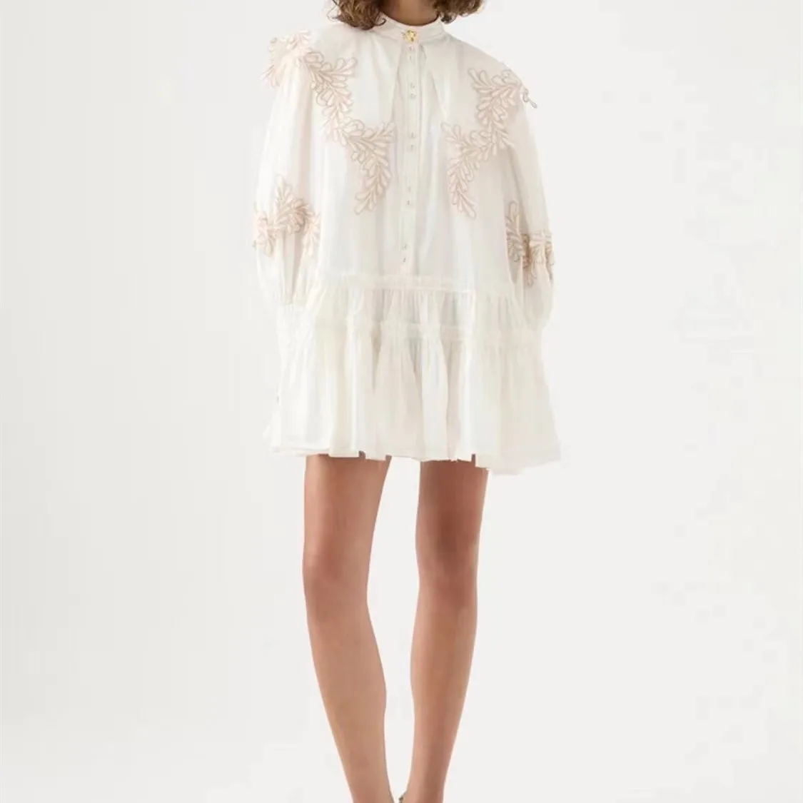 

Women Vintage Embroidery Flower Single Breasted Stand Collar Long Sleeve Shirt Style Short Dress