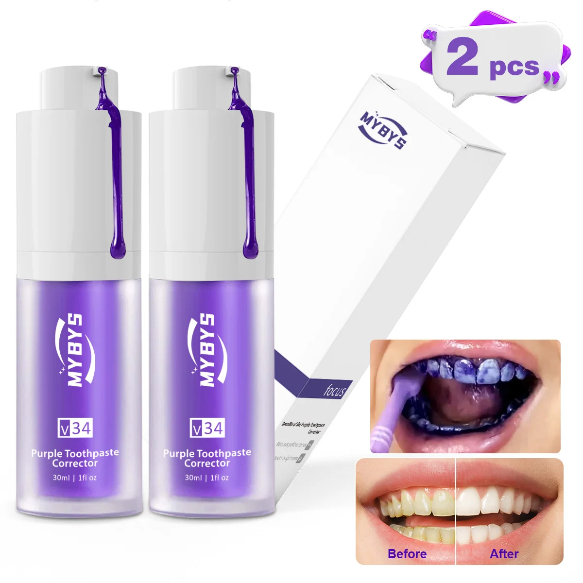 

MYBYS 2PCS Teeth Whitening Toothpaste Colour Dental Corrector Serum Cleaning Stain Smile Kit Remove Stains Reduce Yellowing