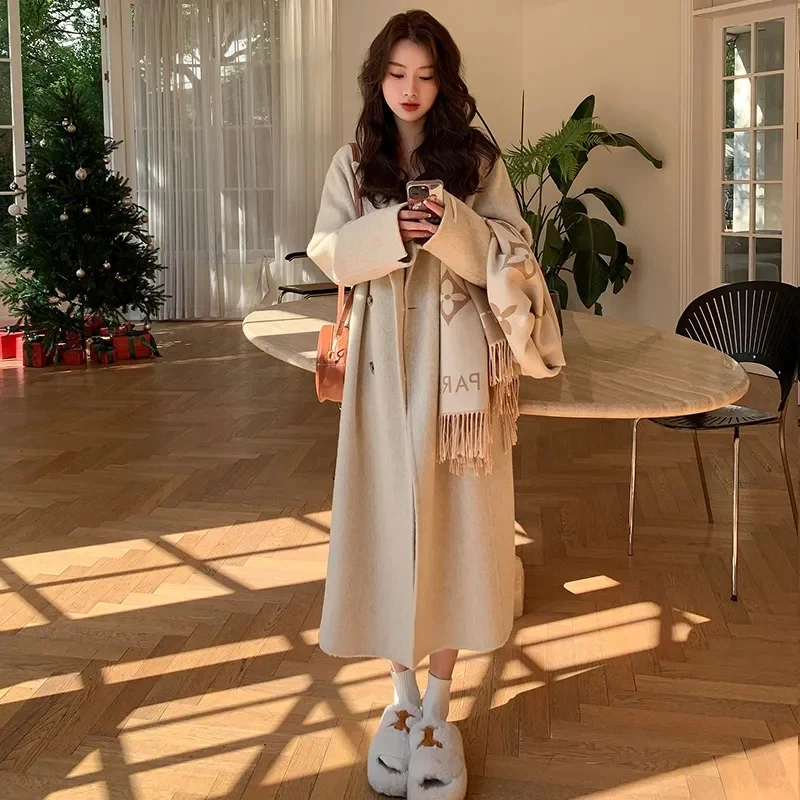 Rice White Double-Sided Cashmere Coat For Women 2023 Spring Autumn New Korean Version of the Long Hepburn Wind Loose Wool Coat