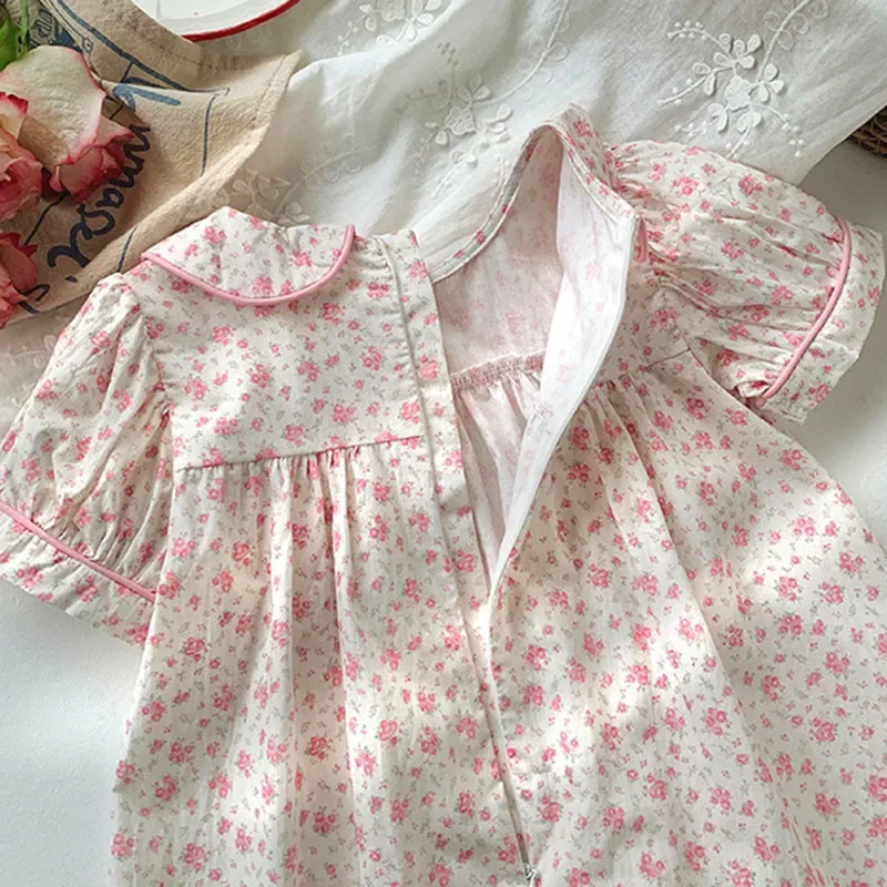 New Summer Sister Clothing 2-7Yrs Baby Girl Birthday Party Dress Short Sleeved Cotton Flower Print Kids Princess Dresses