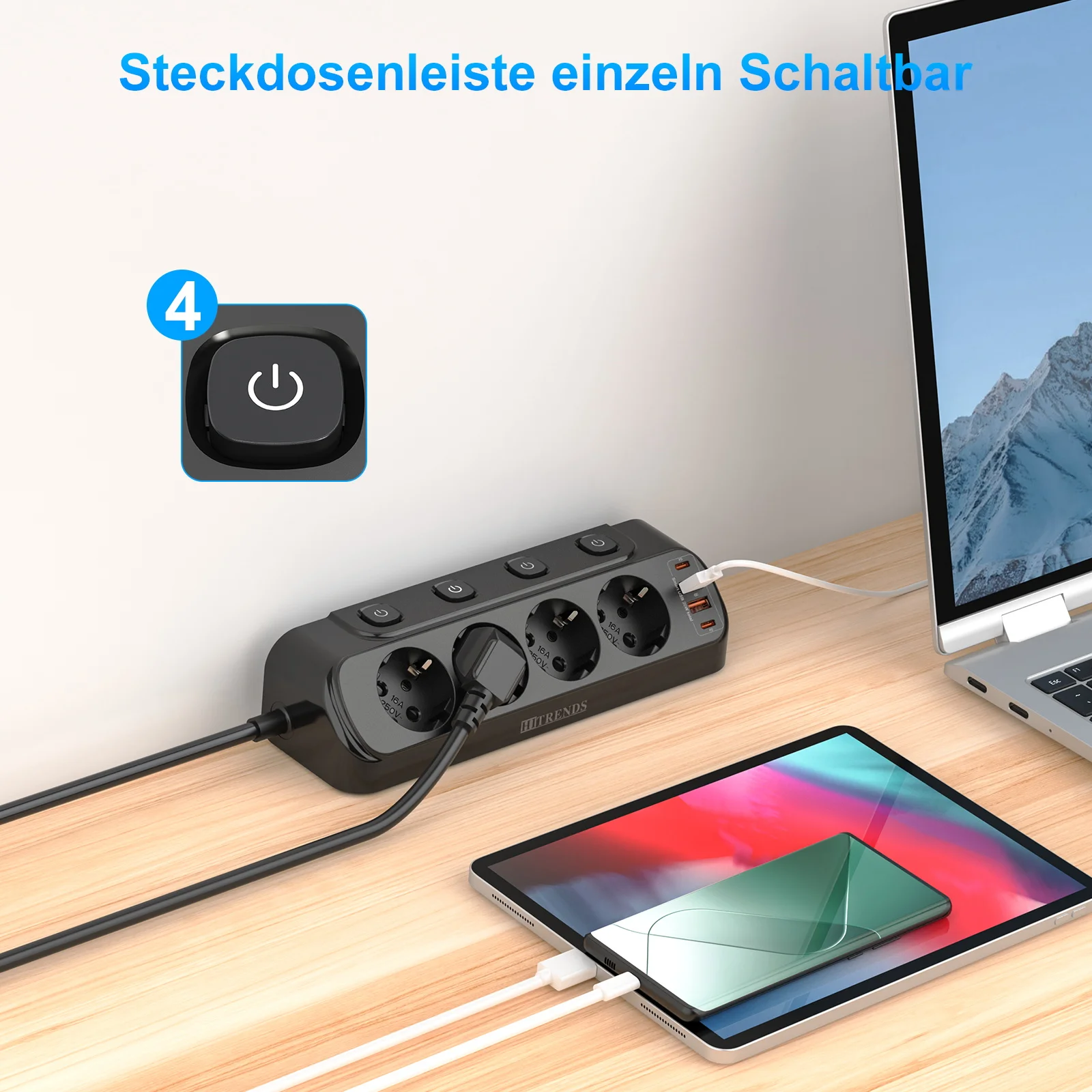 flat plug 90-degree desktop power strip with 4 AC outlets 2 USB 2 Type C PD20W fast charge EU power socket 3m cable for home 5
