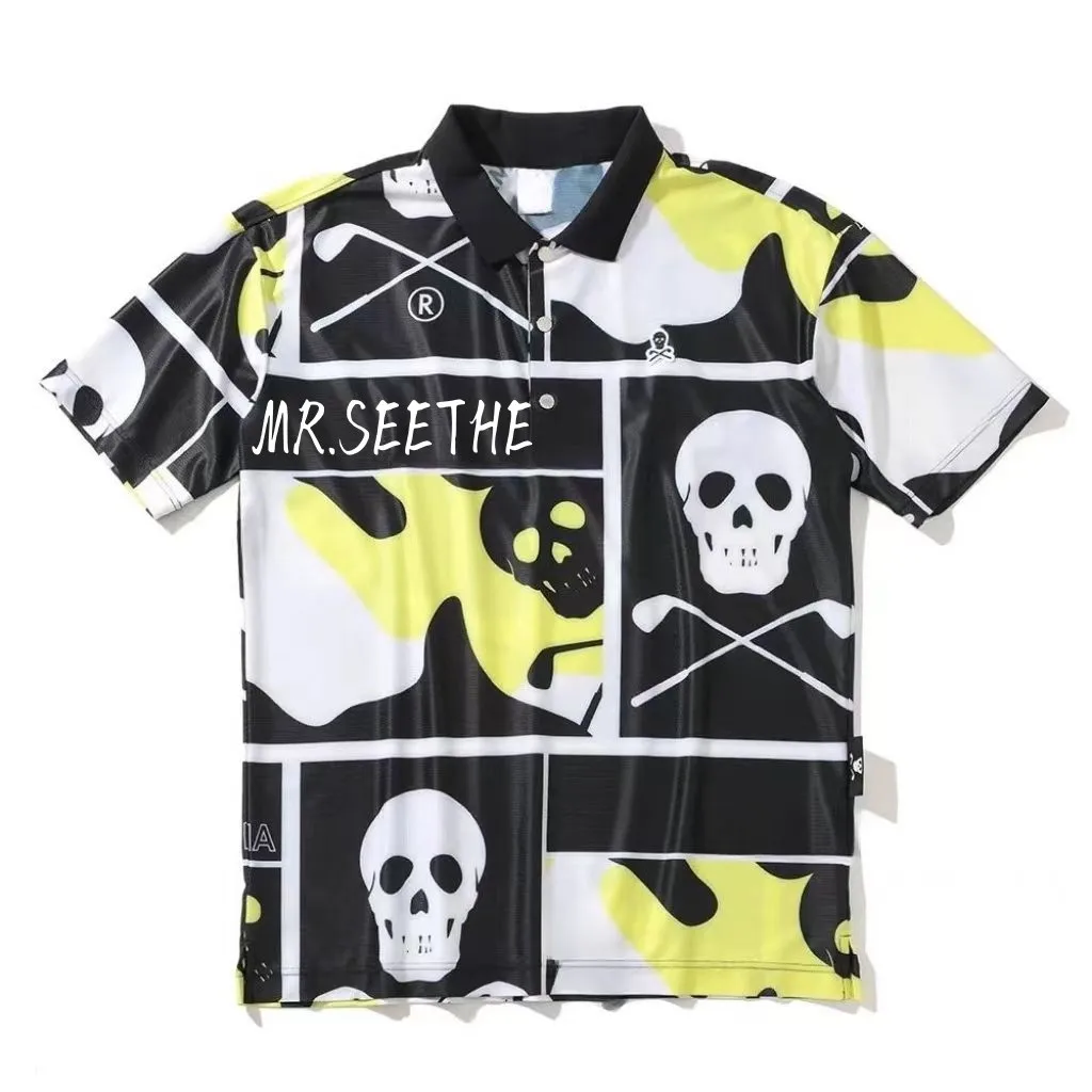 

Men's Skull Color Contrast Short Sleeve Golf Top, Trendy Brand Clothing, New Fashion 2024 Summer Golf Polo Shirt