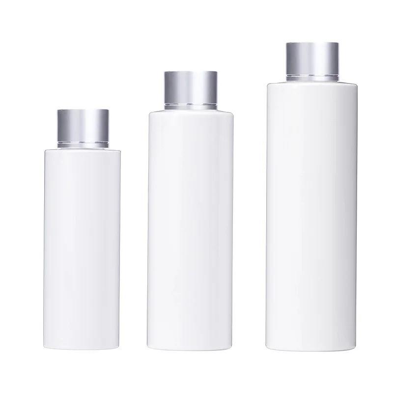 

Plastic Toner Bottle White Lotion Serum Matte Silver Lid Flat Shoulder Facial Water 100/150/200ml PET Bottle with Screw Cap