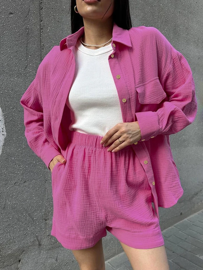 Marthaqiqi Cotton Female Pajamas 2 Piece Suit Long Sleeve Sleepwear Turn-Down Collar Nightwear Shorts Casual Women Home Clothes