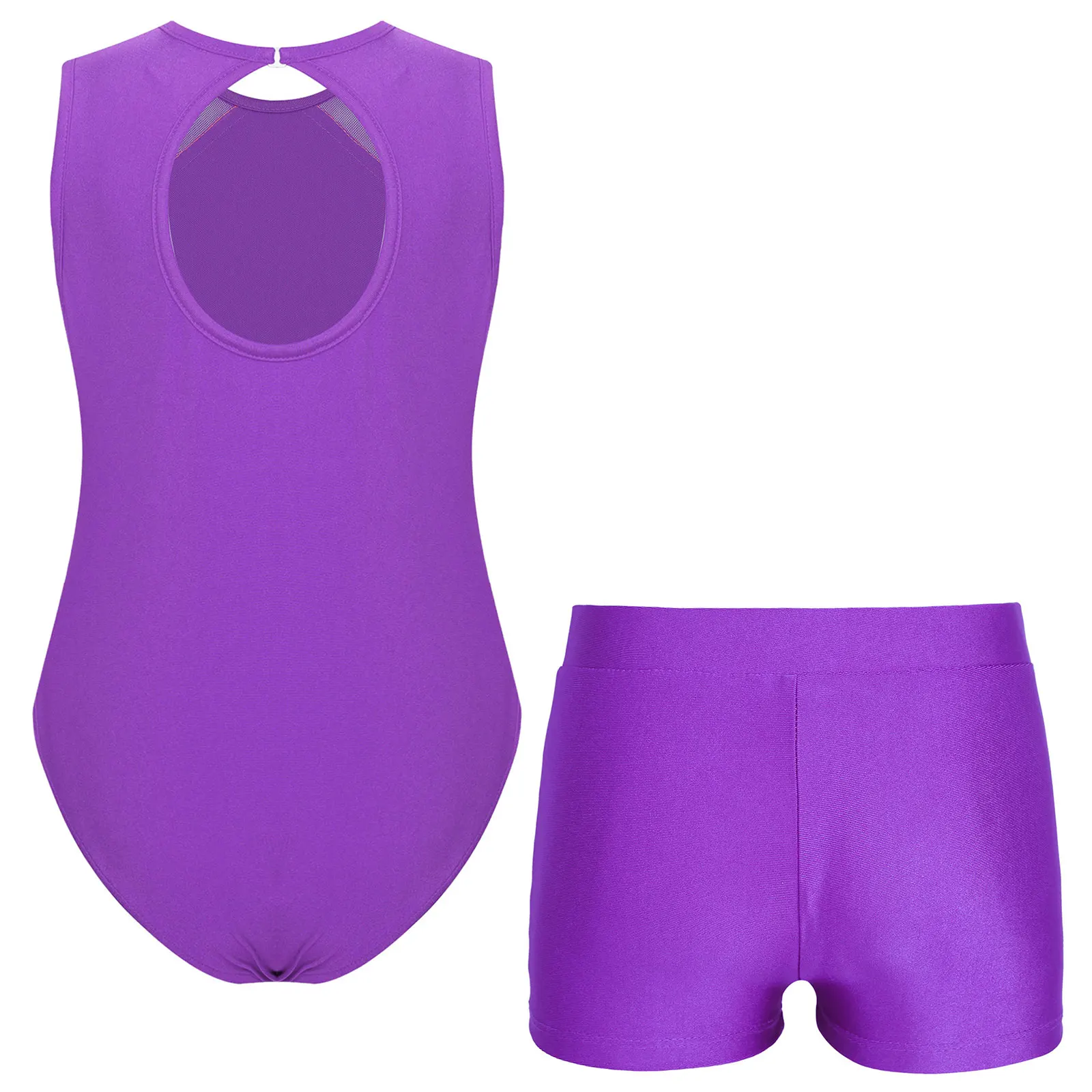 Children Dance Leotards Kids Girls Gymnastics Leotard Keyhole Back Patchwork Sleeveless Figure Skating Bodysuit with Shorts for Ballet Dance Jumpsuit